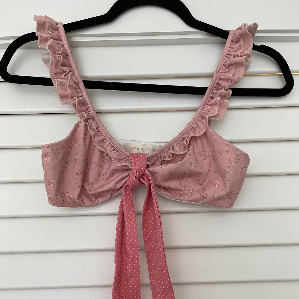 Love Shack Fancy floral tie bikini top